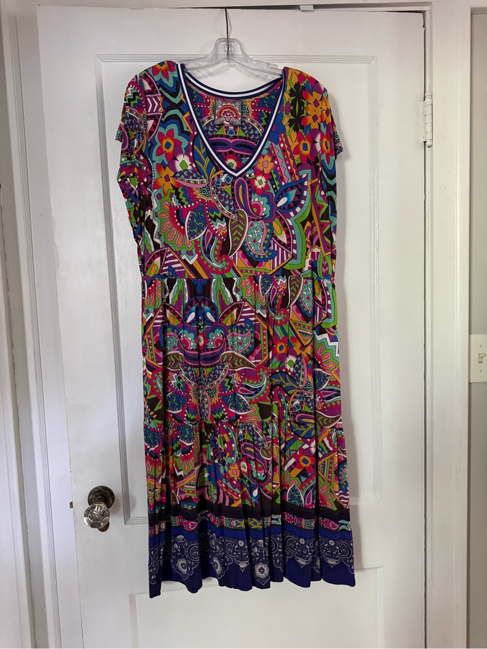Johnny Was Vibrant Multi-Color V-Neck Women’s Tiered Midi Dress - Picture 2 of 4